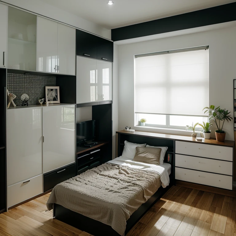 Room decorated with custom furniture: chest bed with drawers, closet,  Linhas retas, cores neutras como branco, preto e cinza. lighting: lighting natural e artificial bem planejada, luzes . Organization: Drawers and shelves with dividers, cabinets with sliding doors . Decoration: Plantas, quadros.