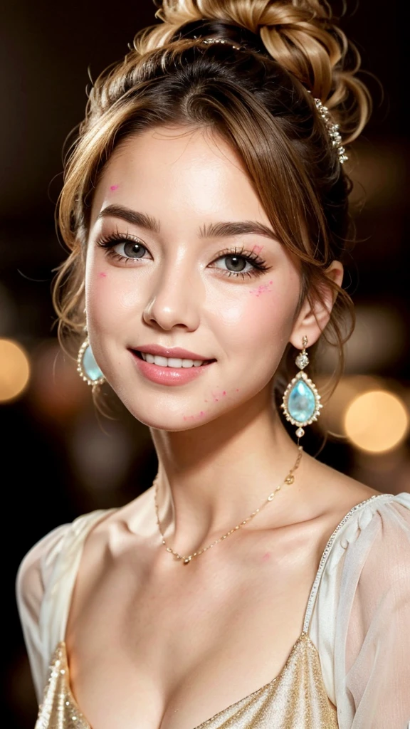 1 25 years old beautiful woman with cute hairstyle for party, A photo of her standing Inside a luxurious party venue, Real raw photo with super detailed details, Beautiful smooth glossy bright blonde hair woman, A very beautiful bright blonde woman, She blushes and laughs, Well-cared for beautiful bright blonde hair, 16K Ultra Realistic full body shot taken in super wide angle, She is slim figure top model and famous movie actress, (She has very fine smooth and white skin, Breast enhancement), ((1 European bright blonde woman)), The bright blonde eyebrows are slightly rounded shape, Droopy eyes are moist and super thinly opened, Eyes and nose and mouth are drawn with precision in every detail, Form a gentle curve from cheek to chin, Her thick plump and shiny big lips, A person in the center left and right:1.0, The whole head is shown, She is wearing dark color gorgeous party dresse and earrings and necklace and handbag for party, Perfect makeup, Professional lighting like movies in party venue