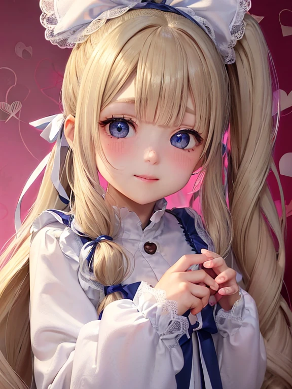 girl、Light blonde hair、(Side ponytail tied around the temporal lobe)、((The ends of the ponytail are fluffy))、((break))、blue eyes、Beautiful Eyes、A big ribbon in the hair、(Voluminous long-sleeved dress with lace)、(Embarrassed look)、((break))、(((Valentine)))、Holding wrapped chocolates、Chocolate present、((break))、((Heart line pattern background:1.2))、Face close-up、smile