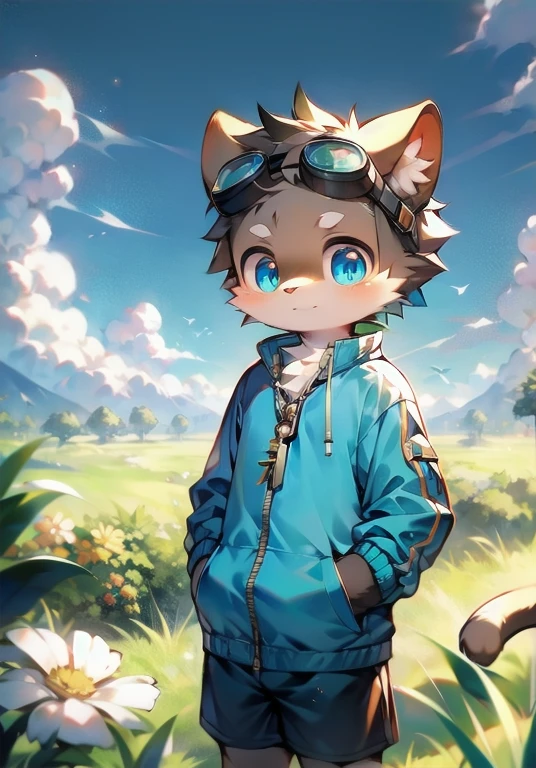 masterpiece, best quality, highly detailed, SFW, 1 boy, (standing, looking at you:1.5), (Upper Body:1.5), (Beast field), (Shota, Toddlers:1.25), (cub:1.25), (Solitary:2.0), Lovely, Kawaii, (Cat:1.2),hairy,Brown fur, Pale white face, (bald:0.25), detailed blue eyes, (thick eyebrows), brown body, Light brown hands臂, Light brown hands, Brown tail,(4 fingers:0.25), (chest tuft:0.1), detailed, (Colored goggles), (jacket), (shorts), detailed background, (grassland，Sky，sunny，lawn，Clouds，wind), Acoustic Guitar, warm, Comfort, Key Points, chill, Playful, easy, Comfort, lazy, affectionate, curious, comfort, Lovely