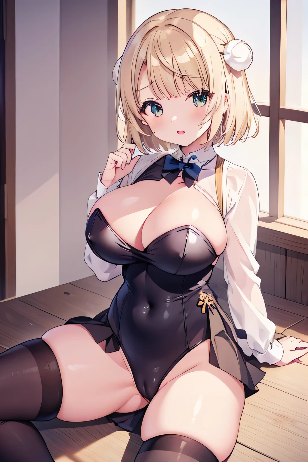 masterpiece、best quality、4K 、kawii、6years old 、huge breasts、blond hair、short hair、Shigure Ui-Vtuber、upskirt、cameltoe、pale skin、black kneehighs、leotard