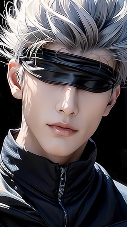 Envision a hyper-realistic image of a man with striking features, bringing to life the character of Gojo Satoru from Jujutsu Kaisen. His silver hair, short and unruly, frames a well-proportioned, small face that captures his sharp and attractive features. His eyes, a vivid blue, are hidden behind a blindfold, yet his face conveys the confidence and playful smirk that Gojo is known for.
His build is lean and his posture relaxed yet poised, wearing a form-fitting black turtleneck that complements his stature. The texture of his clothing suggests quality and precision, fitting for his character’s refined strength. The background should be subtle, directing the focus to his mysterious and enigmatic presence, which is underscored by the iconic blindfold—a symbol of his unique abilities and charismatic nature.