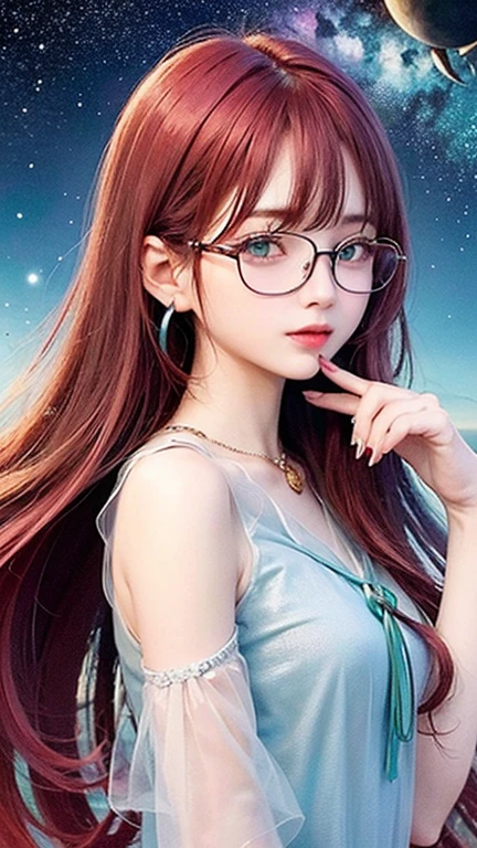 Glasses、Turquoise eyes、(highest quality, masterpiece), One girl, Pause, particle, Wind, flower, Upper Body, Simple Background, View your viewers, , Milky Way,smile、See-through、mysterious、(Long hair with a mixture of red and silver、Some have red hair)、Earrings、Twin taililky way、Crescent Moon
