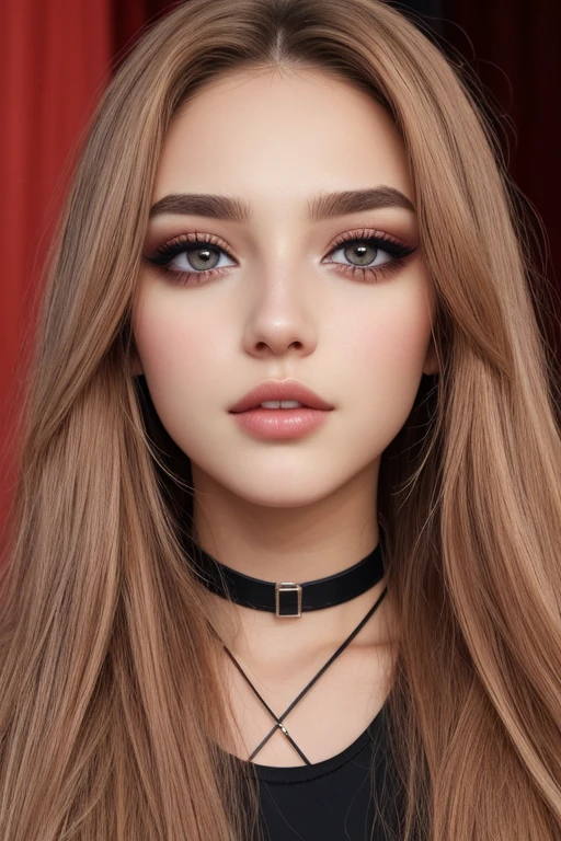 choker, eyes, eyeshadow, pupils, eyebrows, nose, lips, teeth, face, hair, long hair, 1girl, solo