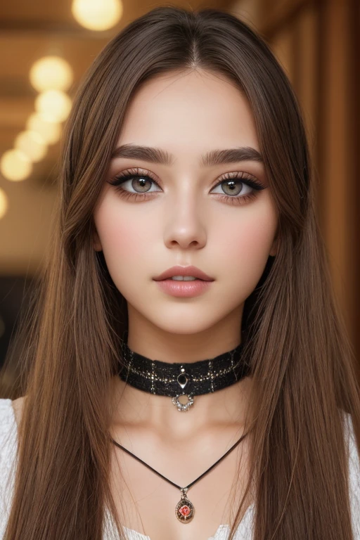 choker, eyes, eyeshadow, pupils, eyebrows, nose, lips, teeth, face, hair, long hair, 1girl, solo