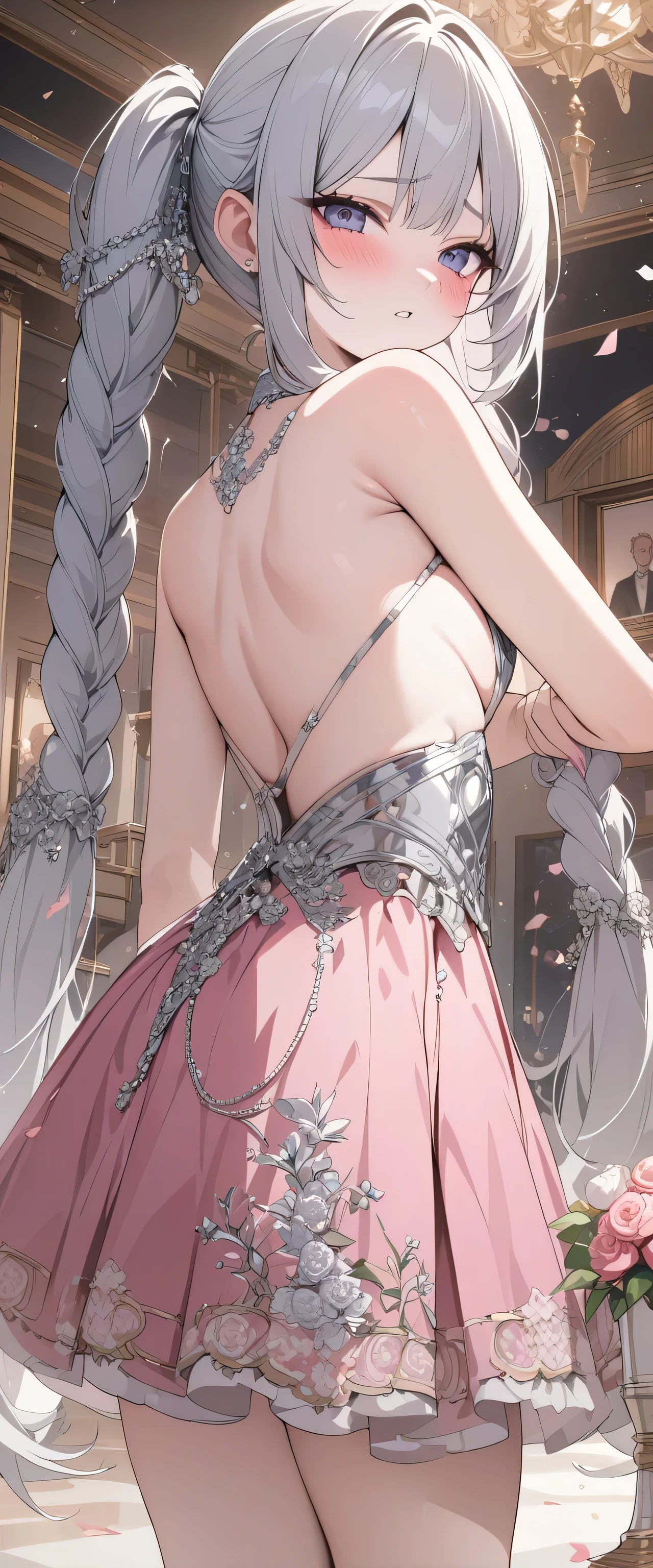 Escape, Severe, elegant, Pink Skirt, Aristocratic, silver element, Long nails, Exposing shoulders, Hairstyle, Hair standing on end, Braids and ponytails, Messy, arrogant, Absurd, detail dress, royalty, celebration, Hall decorated with flowers, Cowboy Shooting, Portraiture, (highest quality), (masterpiece), (Very detailed), (4K)