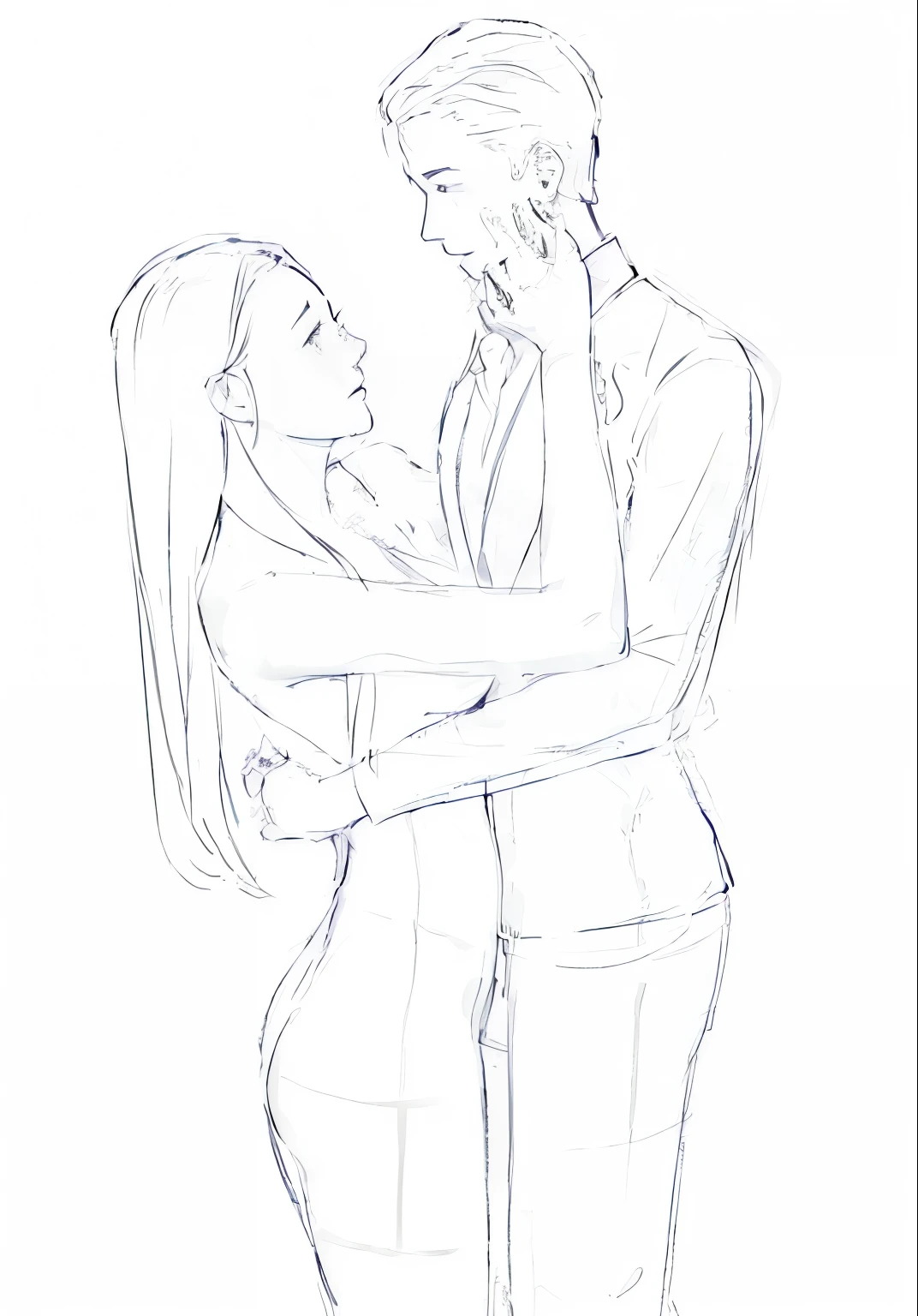 Painting of a man and woman standing side by side, Couple pose, outoutline, concept art of love, rough draft, Side Sketch, Passionate poses, Hands behind her body!, Detailed but rough, outline drawing, Creepy gestures., outline, 3 / 4 Installation, thick straight lines, Endoscopy, Thick outline, digital sketch