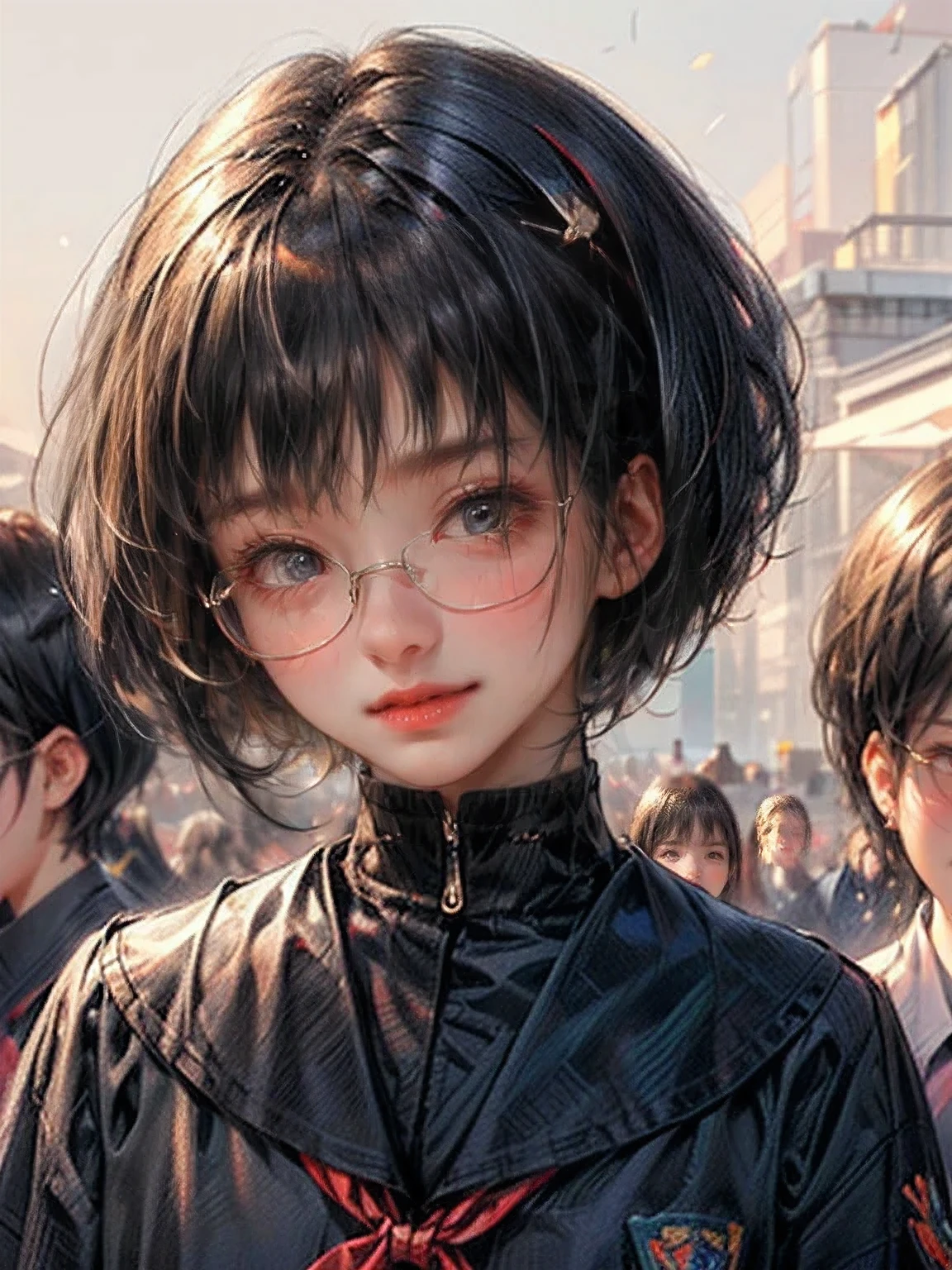 (cute girl, shiny jet black hair:1.2, short straight hair, blunt bangs:1.2, bob cut, bright rosy lips, sparkling eyes, gently smile, head tilt), drooping eyes:1.4, round glasses, schooluniform, shopping