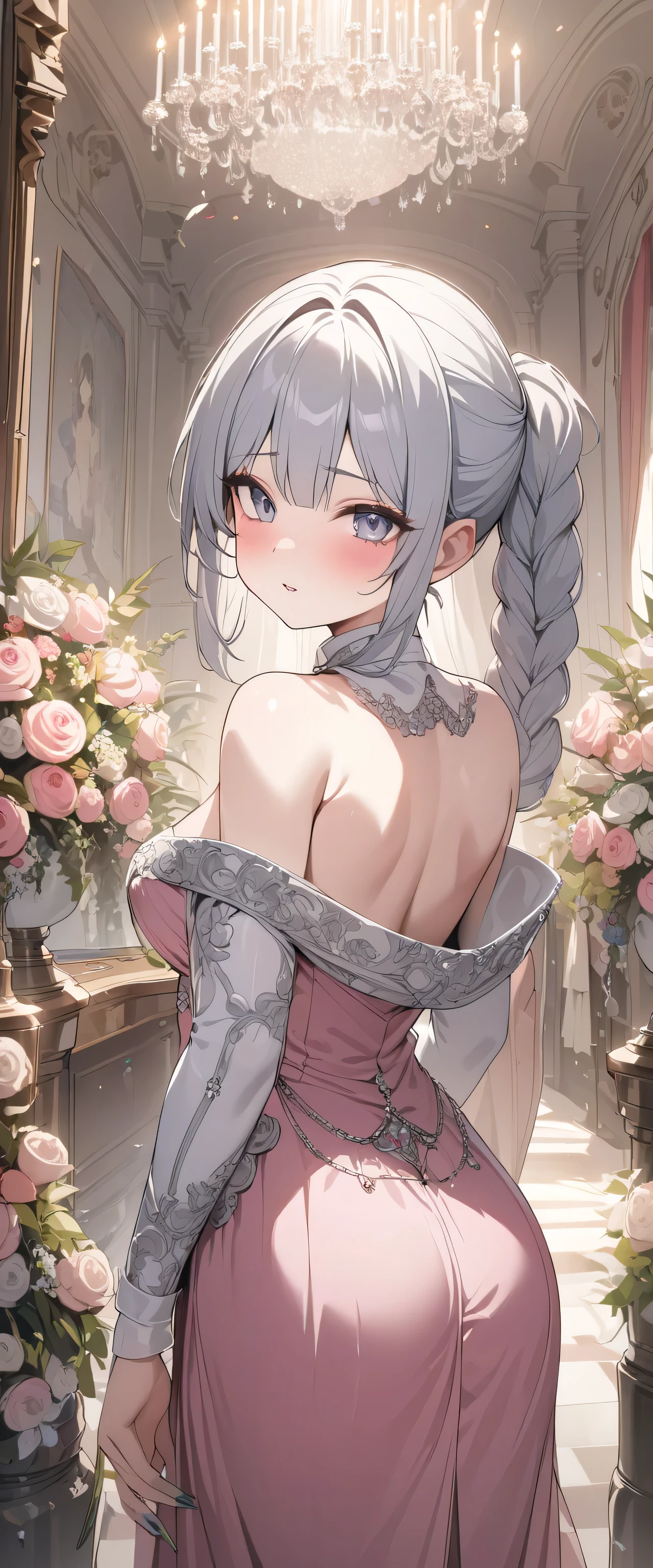 Escape, Severe, elegant, Pink Skirt, Aristocratic, silver element, Long nails, Exposing shoulders, Hairstyle, Hair standing on end, Braids and ponytails, Messy, arrogant, Absurd, detail dress, royalty, celebration, Hall decorated with flowers, Cowboy Shooting, Portraiture, (highest quality), (masterpiece), (Very detailed), (4K)