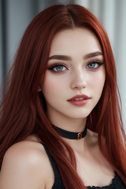 choker, eyes, eyeshadow, pupils, eyebrows, nose, lips, teeth, face, dark red hair, long hair, 1girl, solo