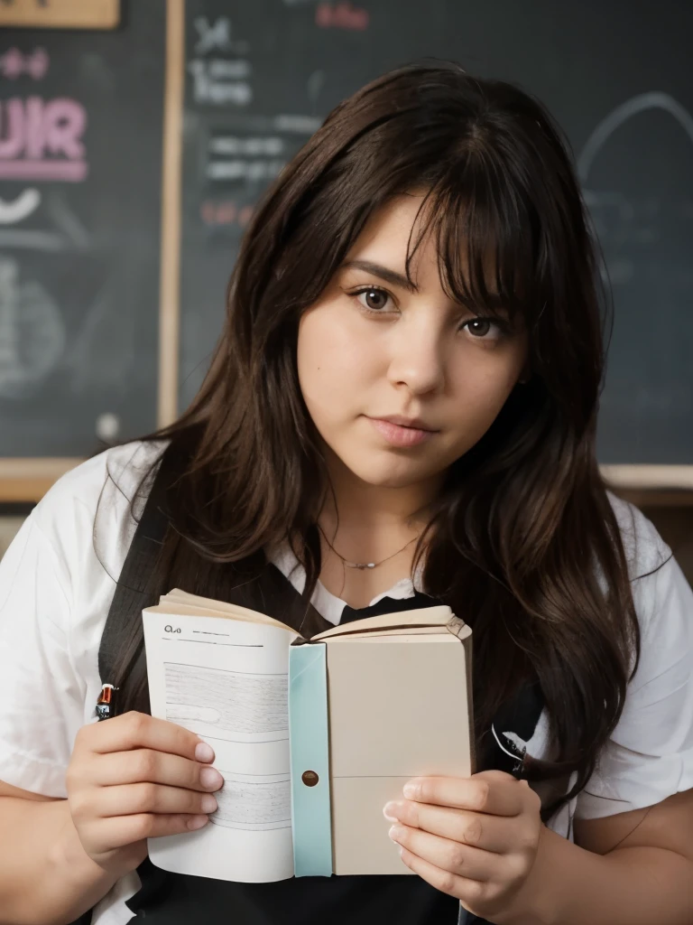 con dibujo super sencillo con nenitos de palito en blanco y negro dibujame un grupo de estudiantes, where a half-chubby guy with a beard is with a notebook at the blackboard teaching with a serious face, una chica de cabello largo y lacio este lebantando un gato, otra chica con cabello claro este con un termo y mate de bts, otra chica de cabello negro medio corto este seria y otra chica de cabello corto y rulos este con cara graciosa