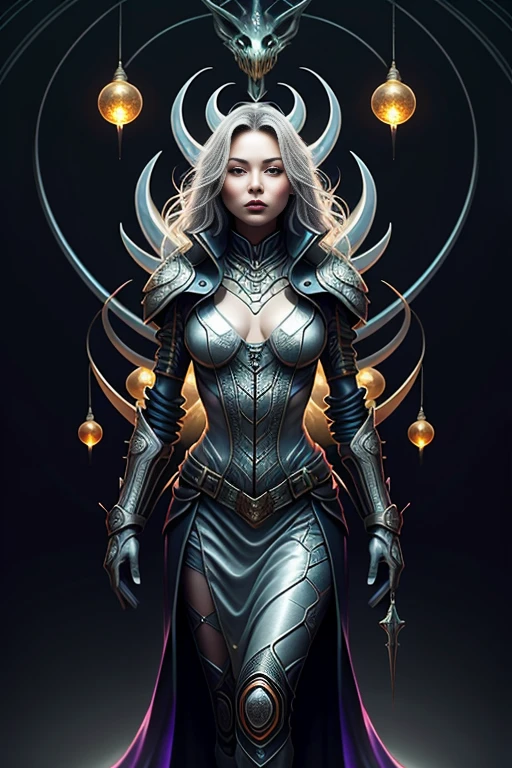 best quality,4k,8k,highres,masterpiece:1.2,ultra-detailed,realistic:1.37,HDR,UHD,studio lighting,ultra-fine painting,sharp focus,physically-based rendering,extreme detail description,professional,art nouveau,tarot card style, (2characters), dynamic angle, dynamic pose, fierce expression, Full body, alien female, A female spellblade wielding a translucent blue sword is accompanied by a guardian spirit. The sword hungers for souls as it glows with ethereal energy. The woman is protected by the guardian spirit, which emanates a comforting and powerful presence., Flowing silver hair., The atmosphere is reminiscent of the mysterious and enchanting world of the Final Fantasy X game, with elements of JRPG. The scene is filled with vibrant colors, capturing the essence of the fantasy universe. The lighting casts a warm glow, highlighting the intricate details of the female spellblade, and the guardian spirit. As the female spellblade gracefully maneuvers her weapon, the kodama spirits watch from the surrounding forest, adding an extra layer of magical intrigue to the scene., Concept art inpired by Jean Giraud Moebius, The overall quality of the generated image is of the highest standard, with ultra-detailed visuals to bring this captivating composition to life. The artwork is reminiscent of a masterpiece, exhibiting the finest craftsmanship in the medium of digital illustration., Yoshitaka Amano style, fractalized, organic exoskeleton,glass exoskeleton,alien flora,(bioluminescent fungi),vivid colors,pale purple hues,trending on cgsociety,landscape,horror,sci-fi,concept artists,bright and vibrant colors,dreamy lighting