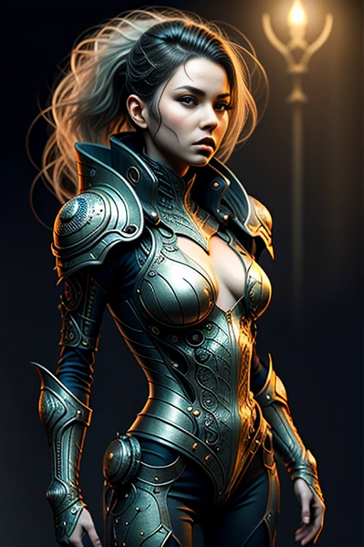 High-resolution ultra detailed photography, A Eurasian woman with tall height and feminine body figure rides a biomechanical dragon in full body pose, woman's clothing in steampunk style with lots of details and accessories, full body pose looking forward into the camera, ambience background at night with magical Lights, body and face realistically depicted in ultra detail, Clothing Maxi skirt with lace, Model woman rides a biomechanical dragon