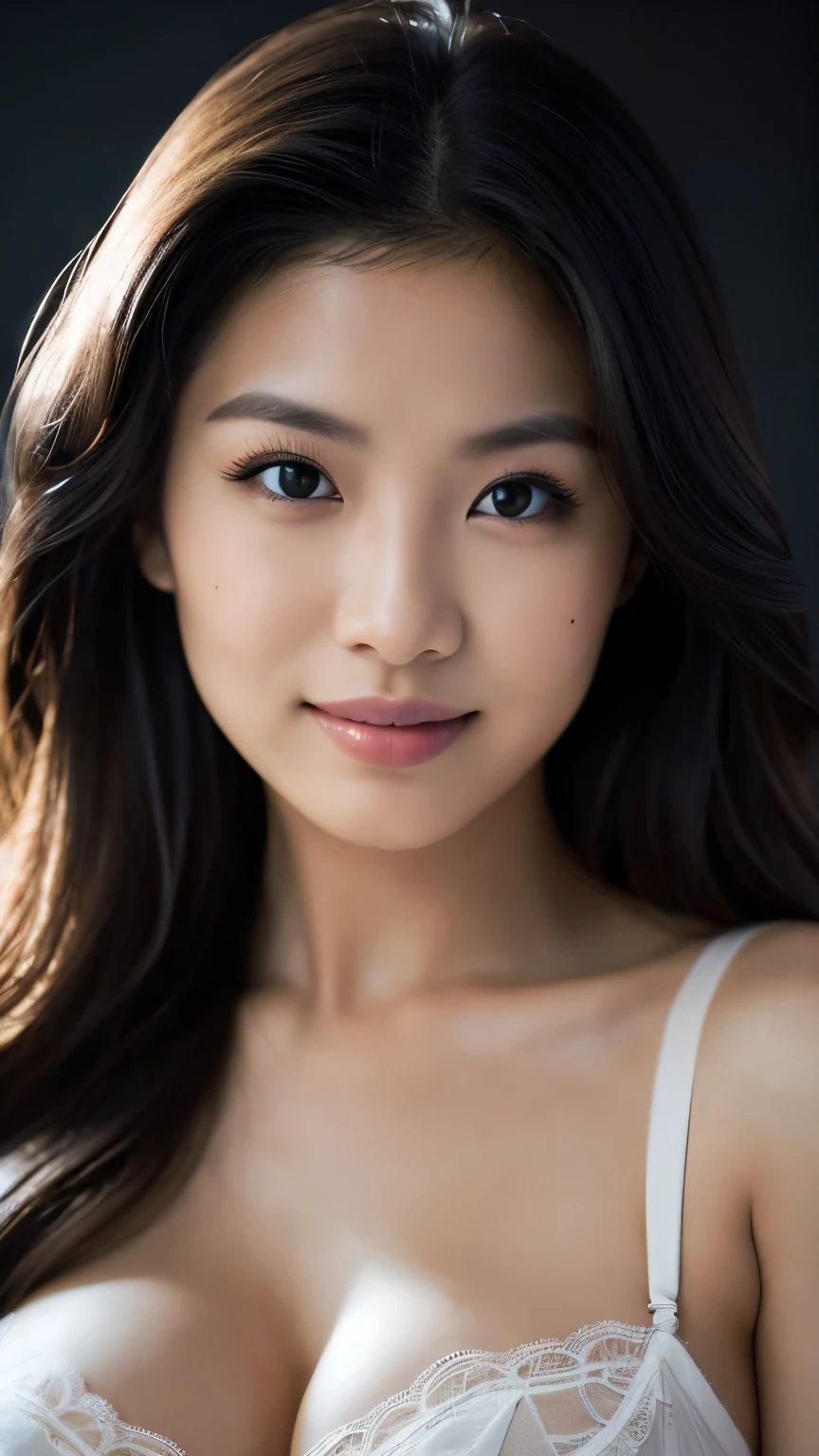 highest quality, epic realistic, ((in the pitch black darkness :1.4)), ((portrait:1.5)),(background: dark ) high contrast ,glorious picture, lowest lux, lighting face, she's comfortable, wearing white lingerie, looks incredible, (8k, Raw photo, Highest quality),(epic realistic:1.5), a woman, face,(detailed eyes:0.8),(looking at the camera:1.4), (Highest quality), ( high contrast, deep shadows),Intricate details,cinematic,((skin:1.4)), (long dark hair:1.3), long hair, messy ,(Hdr:1.5),Detailed, colors, Superior quality, Masterpiece, Raw Photo (20-year-old, looking at viewer), beautiful, (wearing underwear,), perfect, natural, perfect composition, portrait, perfect face, smiling expression, Captivating eyes, Bright details, Tight lips, (High Skin Detail),, (blue tint: 0.6), (sale: 0.8), (bloody: 0.7), Key lighting , (backlight: 0.5), Medium depth of field, Canon 5d, 50mm lens, f/4 apertures, (Ultra-detailed, Complex detail), sharp focus, soft colors, 8k, Absurd, 80mm, dark background, photography, smiling, pinay, filipina, medium ,