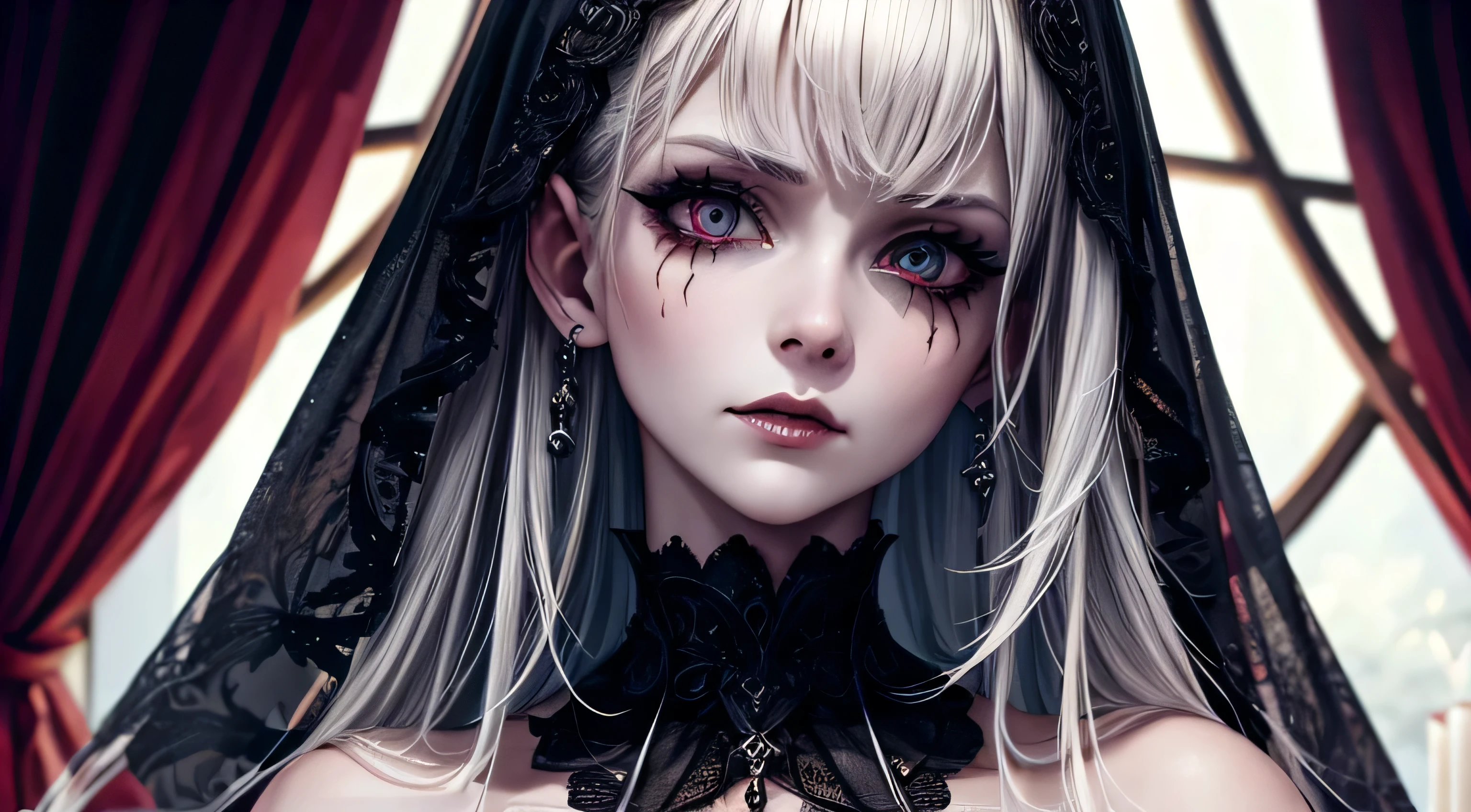 Gothic Horror Bloody Woman Perfect and detailed facial expression Perfect and detailed eye depiction Perfect and detailed hair Perfect upper body drawing Big Tits