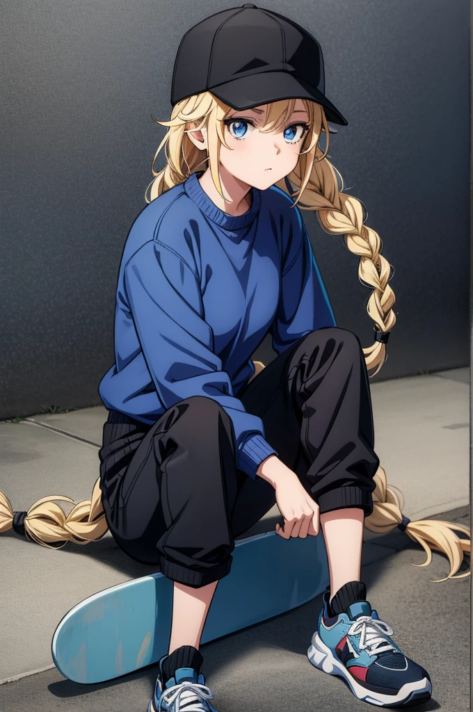 a cartoon female sitting on a concrete surface with a skateboard in front of her, 1girl, solo, blonde hair, twin braids, hat, braid, blue eyes, sitting, blue sweater, looking at viewer, black pants, long hair, pants, baseball cap, long sleeves, black headwear, sweater