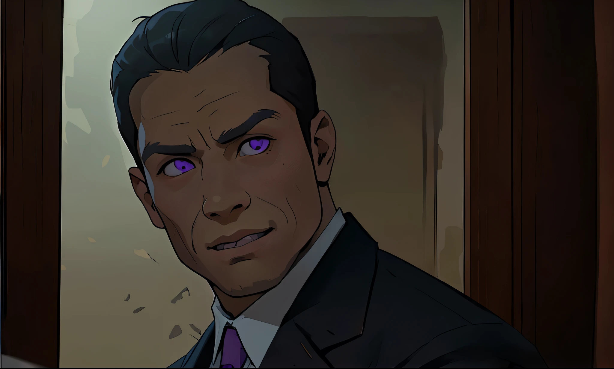 hombre malo de ojos violetas y cabello corot violeta esta amenazando a alguien