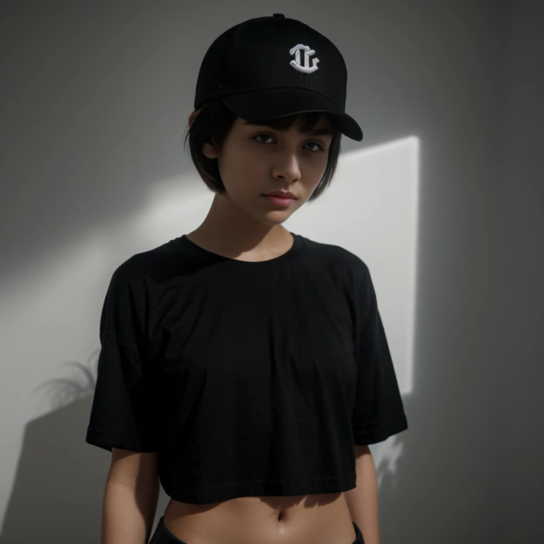 Dark, Sadness, chiaroscuro, black and white, 90s girl, simple background, minimalistic, posing, ((photoshot)), wearing a baseball cap, girl with pixie cut hairstyle, sexy woman, dark background highlighting the figure. natural lighting, stunning realism, minimalistic, simple background, monochrome, baggy t-shirt.