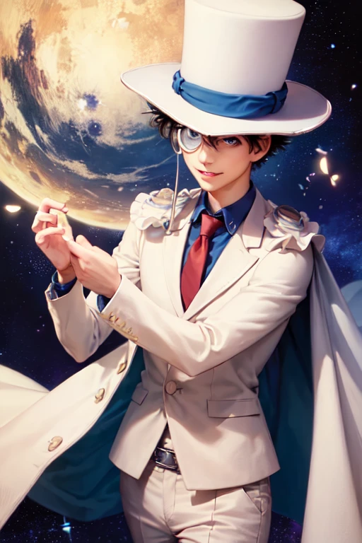 (masterpiece, best quality:1.2), cowboy shot, solo, male focus, 1boy, mkkaitokid, smile, looking at viewer, top hat, monocle, formal, suit, necktie, cape, white pants, night, stars \(sky\)