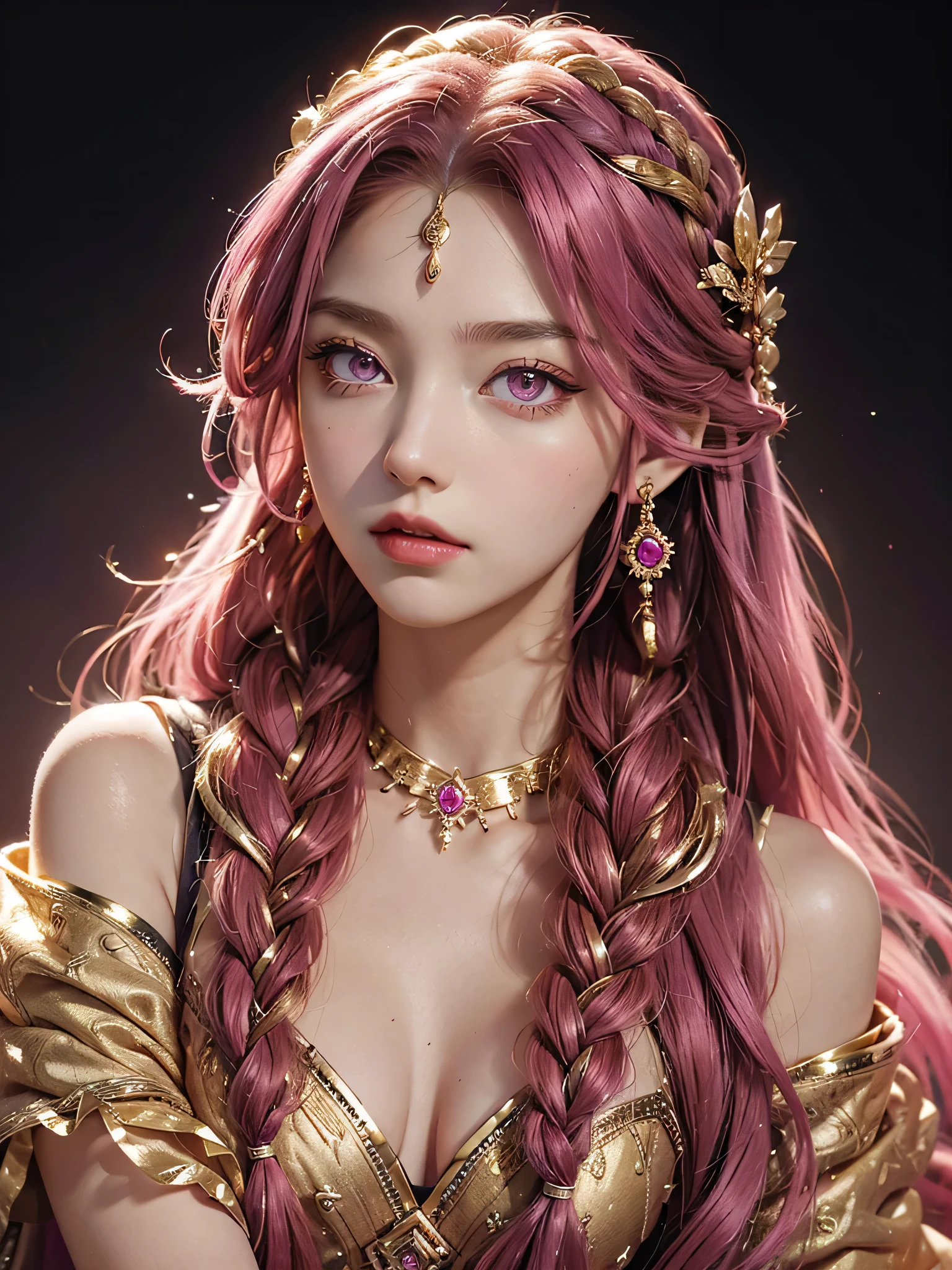 (masterpiece), best quality, expressive eyes, perfect face, 1girl, goddess, portrait, fuchsia hair, long hair, two braids, pink eyes, gold earrings, gold accessories, tiara, greek style dress