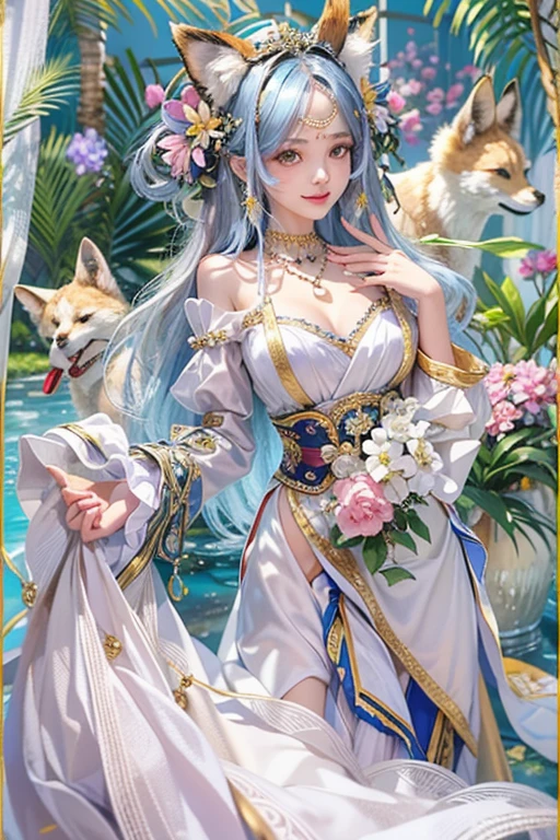 ultra detailed, ultra 8k,32k, beautiful and aesthetic,beautiful,masterpiece,best quality,1girl,animal ears,solo,breasts,jewelry,long hair,hair ornament,earrings,black hair,detached sleeves,looking at viewer,petals,sash,smile,brown eyes,multicolored hair,flower,hair flower,blue hair,cleavage,white dress,dress,bare shoulders,closed mouth,two-tone hair,necklace,hand up,fox ears,bangs,medium breasts,aged up,mature female,nice hands,perfect hands,(barefoot:0.5),pelvic curtain,