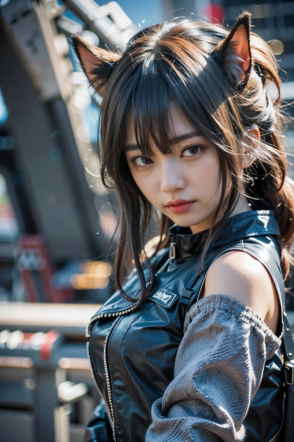 (masterpiece, best quality:1.2), (8k uhd, 16k, 32k, ultra high res), (photorealistic:1.37), (RAW photo), ultimate-intricate details, ultimate-realistic lighting, ultimate-realistic shadow, 1 japanese girl, fused with bat, ultimate-cute face, ultimate-RAW skin, ultimate-realistic eyes, (mechanical:1.4),full body shot, ultimate photorealistic, full body shot, on a clear sky aircraft carrier deck
