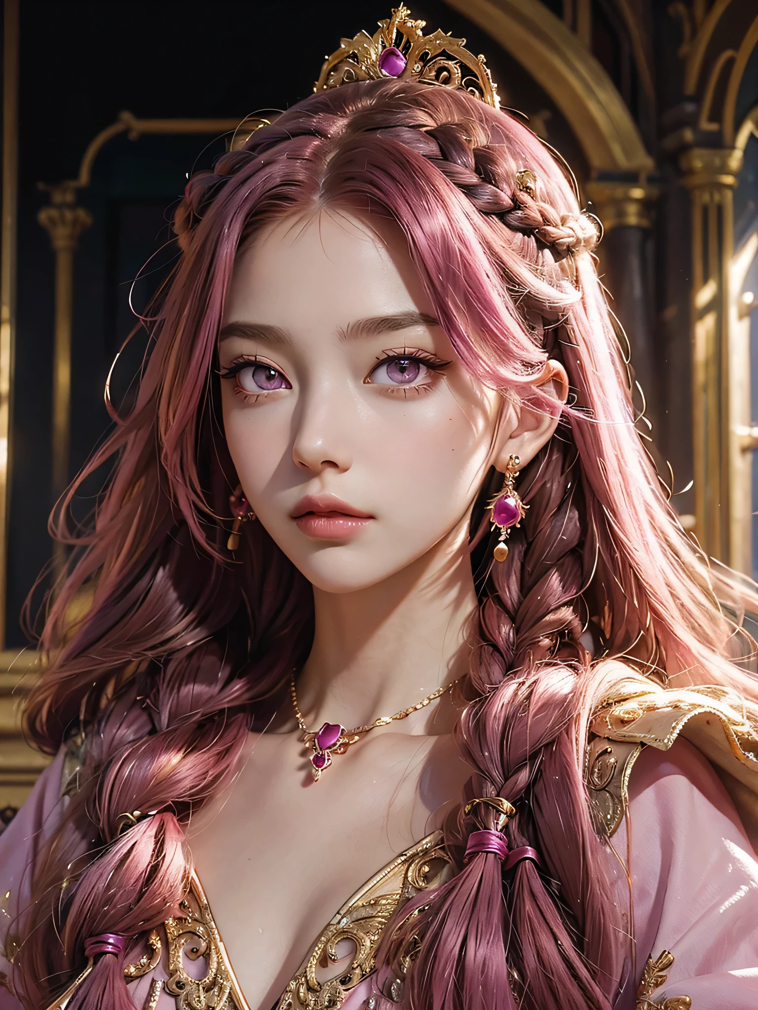 (masterpiece), best quality, expressive eyes, perfect face, 1girl, goddess, portrait, fuchsia hair, long hair, two braids, pink eyes, gold earrings, gold accessories, tiara, greek style dress