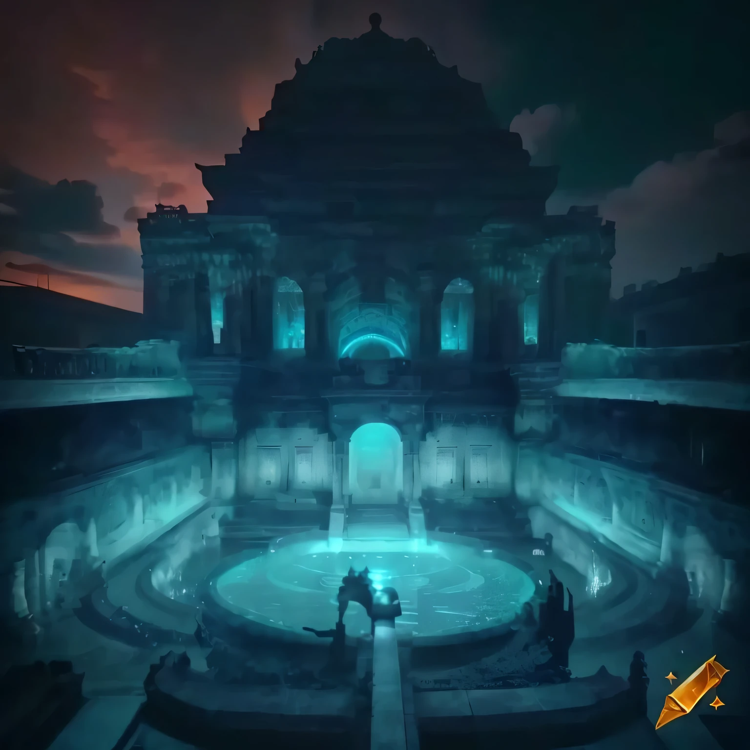a close-up of a fountain with a clock, A pool inside the giant palace, Mysterious temple scene, cena do templo submerso, Water Temple, galactic temple, ancient biomechanical temple, masmorra do antigo templo persa, a mystical temple, cena ritual do templo submerso, arte conceitual estilizada, templo submarino, Templo ciberpunk, dentro de seu castelo surreal vr