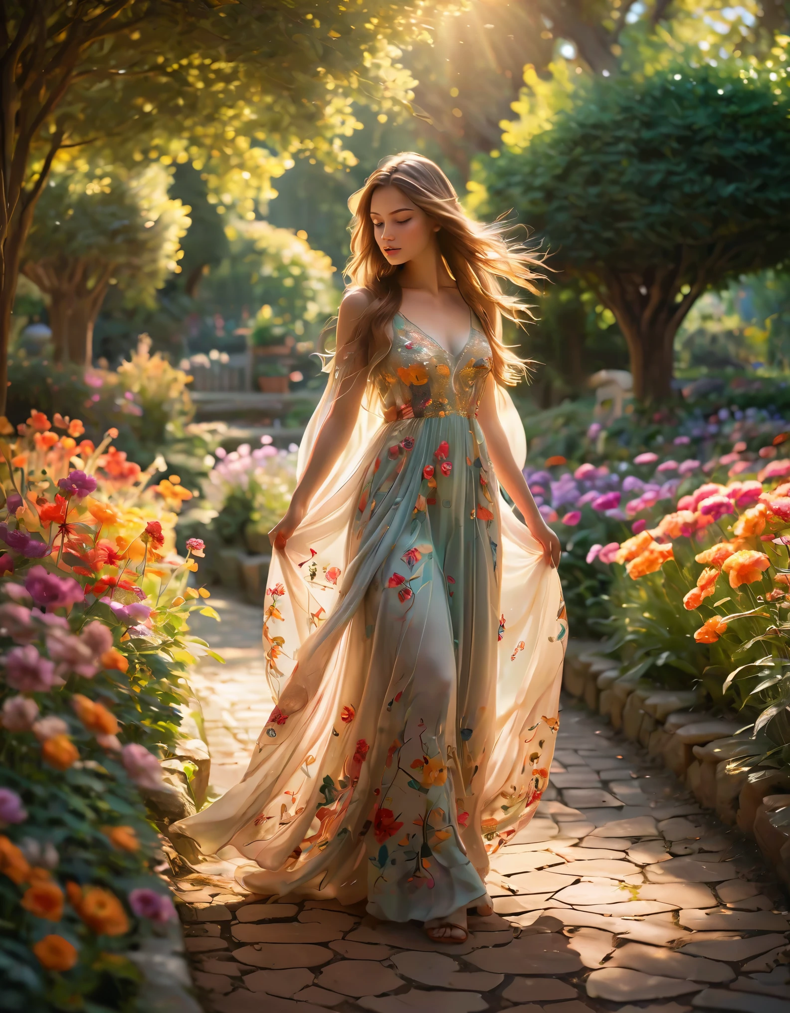 A girl with strikingly beautiful eyes, detailed lips, and a face that exudes confidence and strength stands in a splendid, magnificent garden. The garden is filled with vibrant flowers of all colors, their petals overlapping and creating a mesmerizing display of beauty. Rays of sunlight filter through the branches of tall, ancient trees, casting a warm glow on the scene.
The girl wears a flowing, ethereal gown that billows in the gentle breeze, adorned with delicate embroidery and intricate patterns. Her long, flowing hair cascades down her back, adorned with flowers that match the colorful blooms around her.
As she confidently strides through the garden, her steps leaving a trail of delicate footprints on the soft grass, birds chirp joyfully in the trees, their melodious songs adding to the enchanting atmosphere. Butterflies flutter around her, their vibrant wings creating a breathtaking spectacle of colors.
The garden itself is carefully manicured, with hedges trimmed into intricate shapes and pathways lined with perfectly placed stones. Fountains gurgle softly, their crystal-clear water reflecting the sunlight and casting dancing patterns on the ground.
The entire scene is bathed in the soft, warm sunlight of a late afternoon, adding a touch of golden hue to everything it touches. The combination of the girl's graceful presence, the vibrant colors of the flowers, and the peaceful ambiance of the garden creates an atmosphere that is both serene and awe-inspiring.
The image quality is of the highest standards, with every detail meticulously rendered in ultra-high resolution. The colors are vivid and vibrant, bringing the scene to life with a sense of realism and depth. The lighting is carefully crafted, with a balance of highlights and shadows that accentuate the contours and textures of the surroundings.
In terms of art style, the prompt leans towards a magical realism approach, blending elements of fantasy and reality seamlessly. The colors are rich and sat