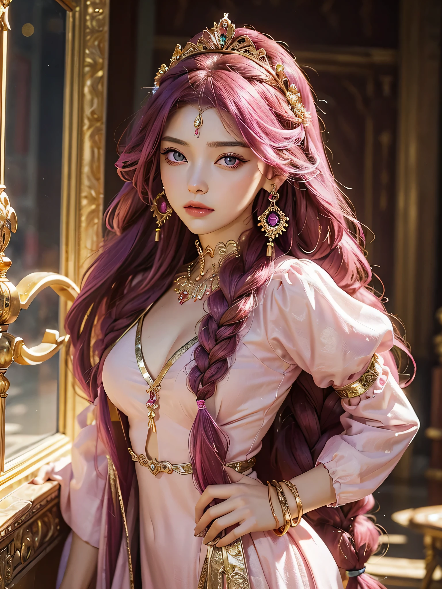 (masterpiece), best quality, expressive eyes, perfect face, 1girl, goddess, portrait, fuchsia hair, long hair, two braids, pink eyes, gold earrings, gold accessories, tiara, greek style dress