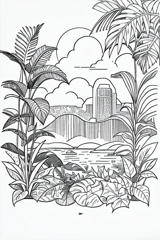 Wild animals a lush tropical forest and a distant sun and clouds, vibrant with exotic flowers and greenery, ((white background)), only outlines used, lines, coloring book, clean lines, background. White, Sketch style, Coloring page for adult, clean line art high detailed, no background, white, black, coloring book, sketchbook, realistic sketch, free lines, on paper, no color.