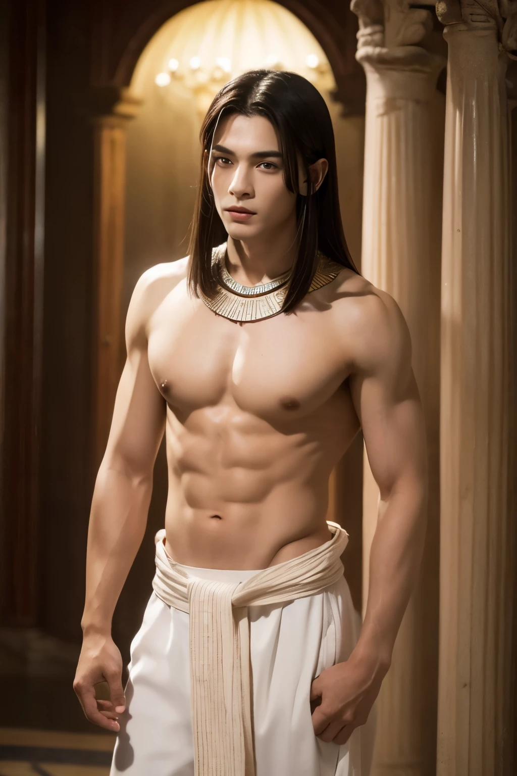 an attractive man with short red hair with an even parting, pointed ears in full height, a pale face, an attractive appearance, ((straight hair with an even parting)), lean body, ((short hair)), a daring look, the image of a seductive man dressed in ancient Egyptian clothes, stripped to the waist, cheeky look, insolent look, circles under the eyes, ((thunder and lightning in the background)), god seth, in full growth