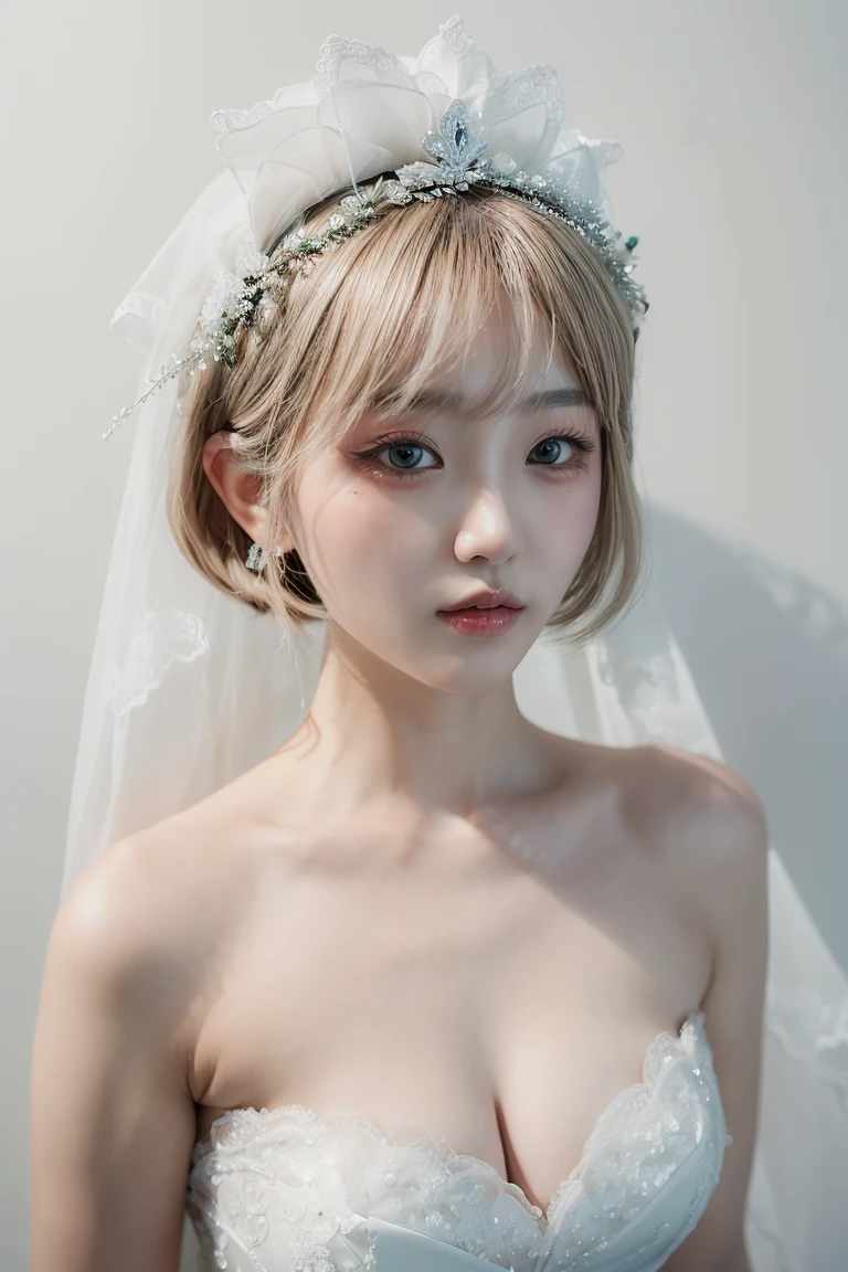 a masterpiece, top quality ((girl in perfect body shape)), ((a korean bride)), ((white background)), ((Bobhair cut)), ((top-quality)), RAW , ((masterpiece)) , (fujifilm), 16k , (Photorealism), ((beautiful bride)), ((wearing bride crown)) , ((low shot)), ((distant shot)), ((facing towards the viewers)), ((full body shot))