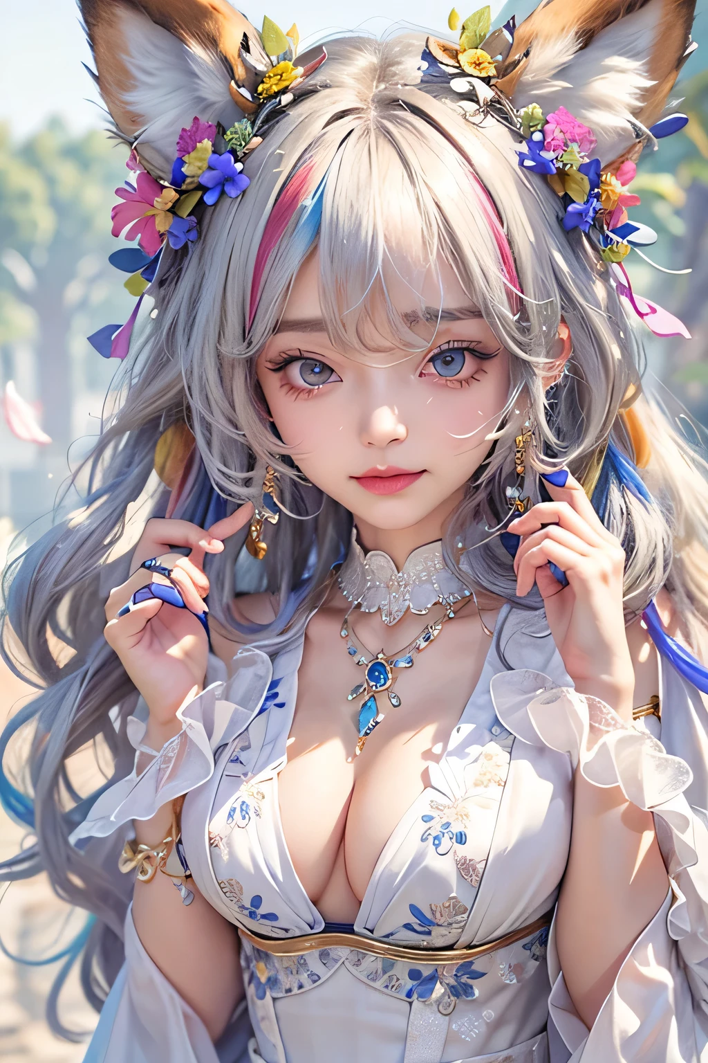 ultra detailed, ultra 8k,32k, beautiful and aesthetic,beautiful,masterpiece,best quality,1girl,animal ears,solo,breasts,jewelry,long hair,hair ornament,earrings,black hair,detached sleeves,looking at viewer,petals,sash,smile,brown eyes,multicolored hair,flower,hair flower,blue hair,cleavage,white dress,dress,bare shoulders,closed mouth,two-tone hair,necklace,hand up,fox ears,bangs,medium breasts,aged up,mature female,nice hands,perfect hands,(barefoot:0.5),pelvic curtain,