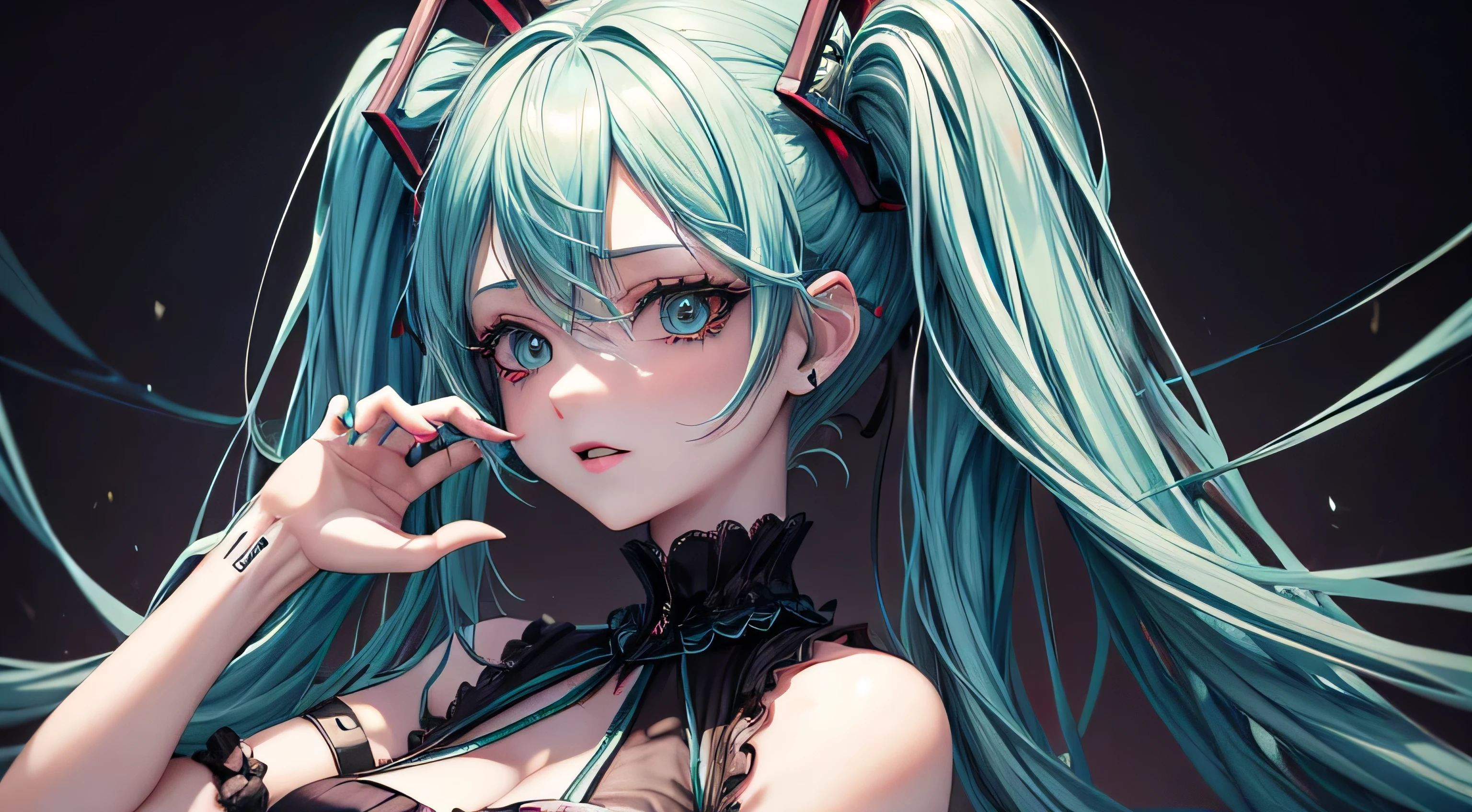 Gothic Horror　Bloody　Hatsune Miku　Perfect and detailed facial expression　Perfect and detailed eye depiction　Perfect and detailed hair　Perfect upper body drawing　Big Tits