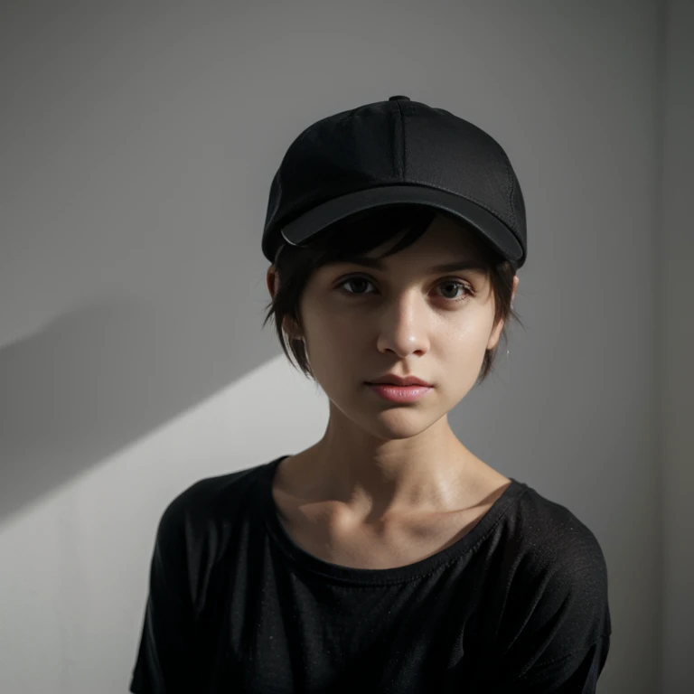 (Monocrhome), dark, (thoughtful pose) in love, chiaroscuro, black and white, 90s girl, simple background, minimalistic, posing, ((photoshot)), wearing a cap, baggy t-shirt, girl with pixie cut hairstyle, woman, dark background highlighting the figure. Natural lighting, stunning realism, minimalistic, simple background, thoughtful expression, various poses, gangsta, nadia.