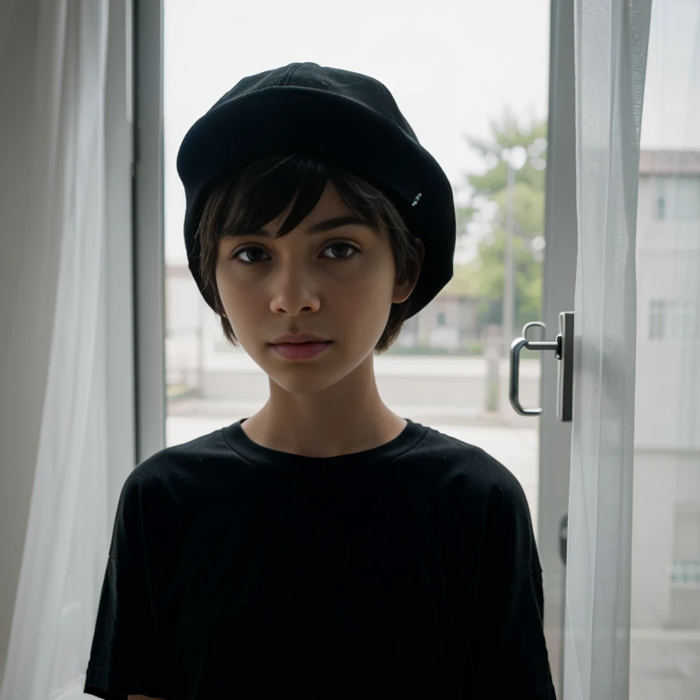 (Monocrhome), dark, (thoughtful pose) in love, chiaroscuro, black and white, 90s girl, simple background, minimalistic, posing, ((photoshot)), wearing a cap, baggy t-shirt, girl with pixie cut hairstyle, woman, dark background highlighting the figure. Natural lighting, stunning realism, minimalistic, simple background, thoughtful expression, (looking through the window), gangsta, nadia.
