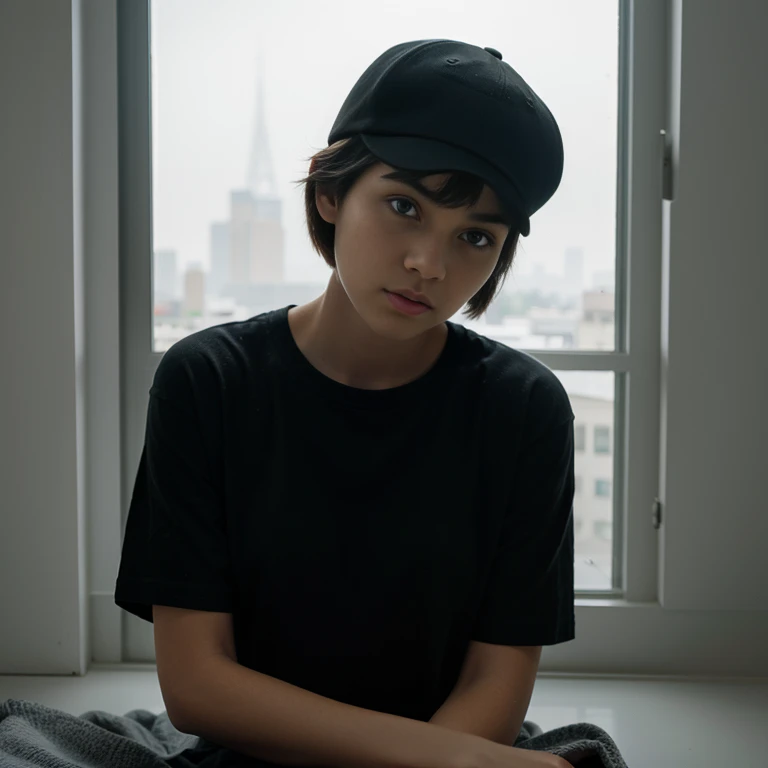 (Monocrhome), dark, (thoughtful pose) in love, chiaroscuro, black and white, 90s girl, simple background, minimalistic, posing, ((photoshot)), wearing a cap, baggy t-shirt, girl with pixie cut hairstyle, woman, dark background highlighting the figure. Natural lighting, stunning realism, minimalistic, simple background, thoughtful expression, (looking through the window), gangsta, nadia.