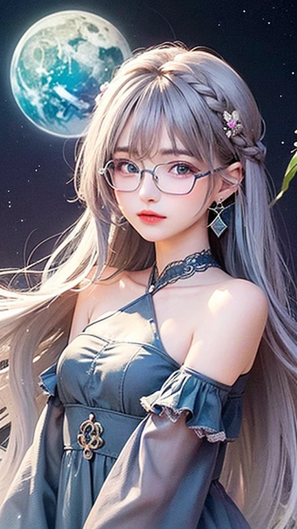 Glasses、Turquoise eyes、(highest quality, masterpiece), One girl, Pause, particle, Wind, flower, Upper Body, Simple Background, View your viewers, , Milky Way,smile、See-through、mysterious、(Silver Long Hair、Some have red hair)、Earrings、Twin taililky way、Crescent Moon