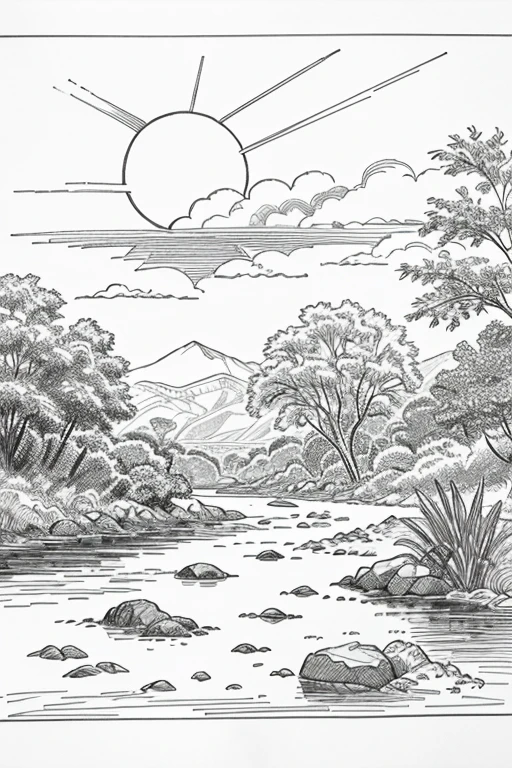 wild animals near a beautiful river with rocks and a distant sun and clouds, vibrant with exotic flowers and greenery, ((white background)), only outlines used, lines, coloring book, clean lines, background. White, Sketch style, Coloring page for adult, clean line art high detailed, no background, white, black, coloring book, sketchbook, realistic sketch, free lines, on paper, no color.