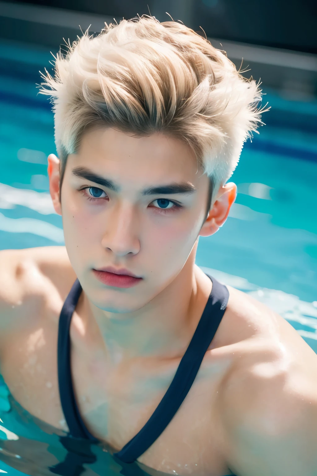 Eine hyperrealistische, 20 year old boy with white skin, Athletic Body Spiky Hair,Serious male thoughtful observer wearing dark blue swimming thong, Mokkori,