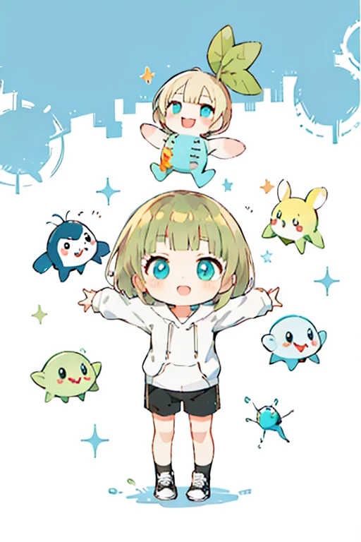 Blonde hair, short hair, turquoise eyes, plain white hoodie, black shorts, black sneakers,
Anime girl with stuffed Pikmin toys and other stuffedPikmin in arms, Splash art anime , , decora inspired illustrations, Best anime Konachan wallpapers, Detailed fanart, by Kamagurka, An anime cover, There is a cute Pikmin,look up.