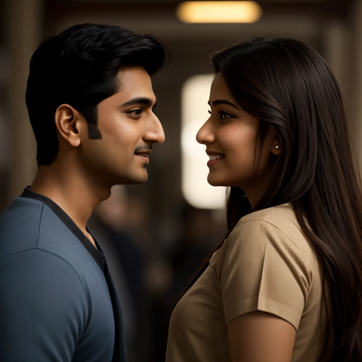 Mohit is deeply in love with Gunjan, as depicted in this exquisite, photorealistic image. Mohit, with his dark, intense features and piercing brown eyes, gazes at Gunjan with unbridled affection. She, with her delicate features, long wavy chestnut hair, and twinkling hazel eyes, turns towards Mohit with a soft, loving smile. The background depicts a bustling train station, filled with the hustle and bustle of daily life. The lighting is warm and inviting, casting a soft glow over the scene, making it a true masterpiece. The attention to detail is absolutely astounding, from the wrinkles in Mohit's suit