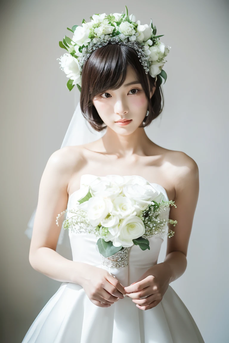 a masterpiece, top quality ((girl in perfect body shape)), ((a korean bride)), ((white background)), ((Bobhair cut)), ((top-quality)), RAW , ((masterpiece)) , (fujifilm), 16k , (Photorealism), ((beautiful bride)), ((wearing bride crown)) , ((low shot)), ((distant shot)), ((facing towards the viewers)), ((full body shot))