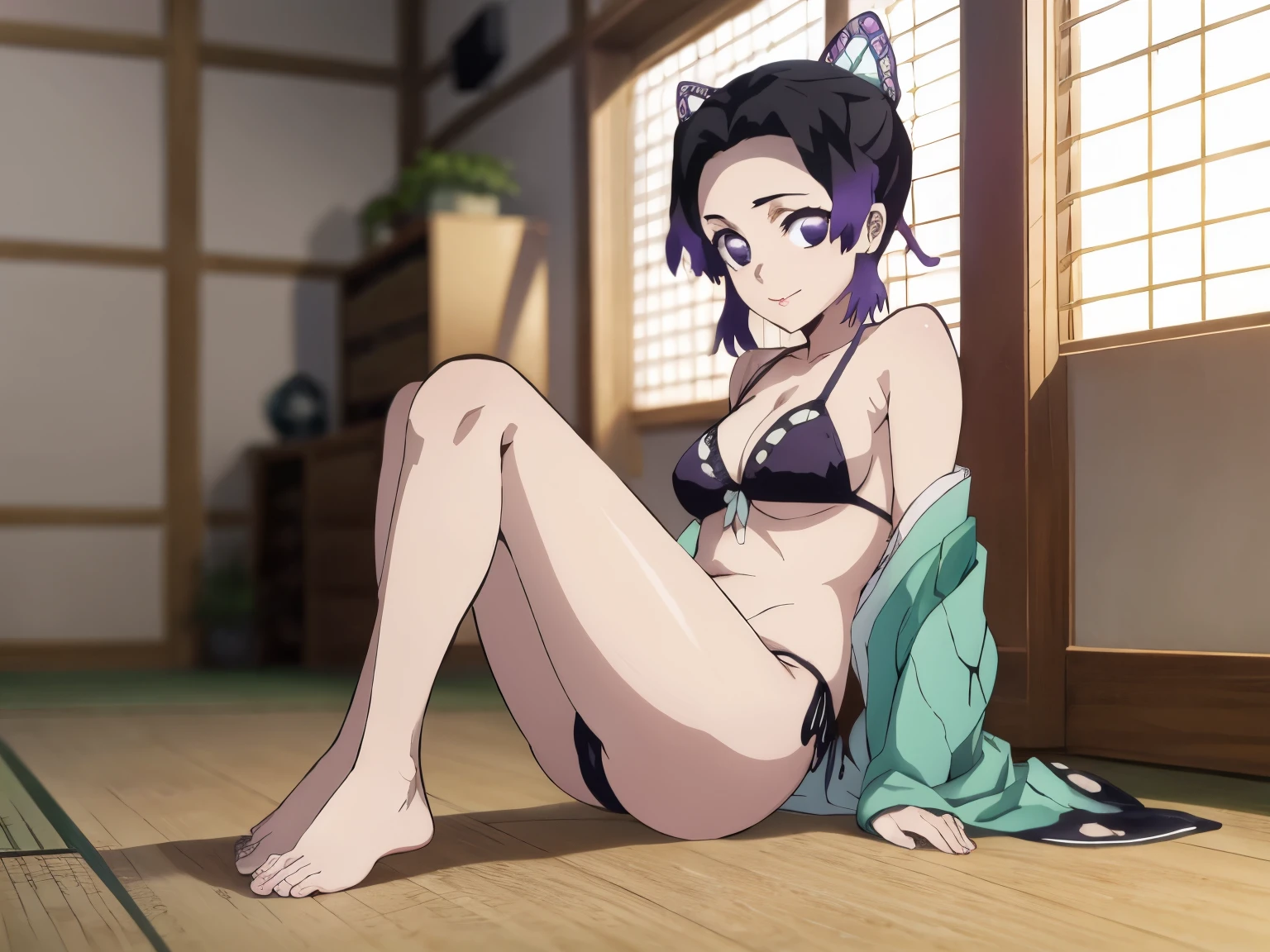 EFT_Shinobu, 1girl, kochou shinobu, butterfly hair ornament, solo, hair ornament, purple hair, multicolored hair, purple eyes, black hair, medium breast, (bikini), seductive smile, looking at viewer, blurry background, indoors, japanese house, full body, slim, ((masterpiece)), best quality, high detailed illustration, high detailed background, hi-res, bare legs, bare feet