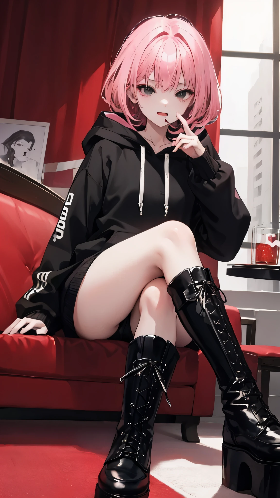 Female 3P、cute、contemptuous、contemptuous 、disdain、Hotel、Sitting、
black and White hoodie、Red and black hoodie、White hoodie、Crossing your legs、Black platform boots、Black platform boots、Perfect Fingers、
Brown Hair、Black Hair、Pink Hair、black eye、