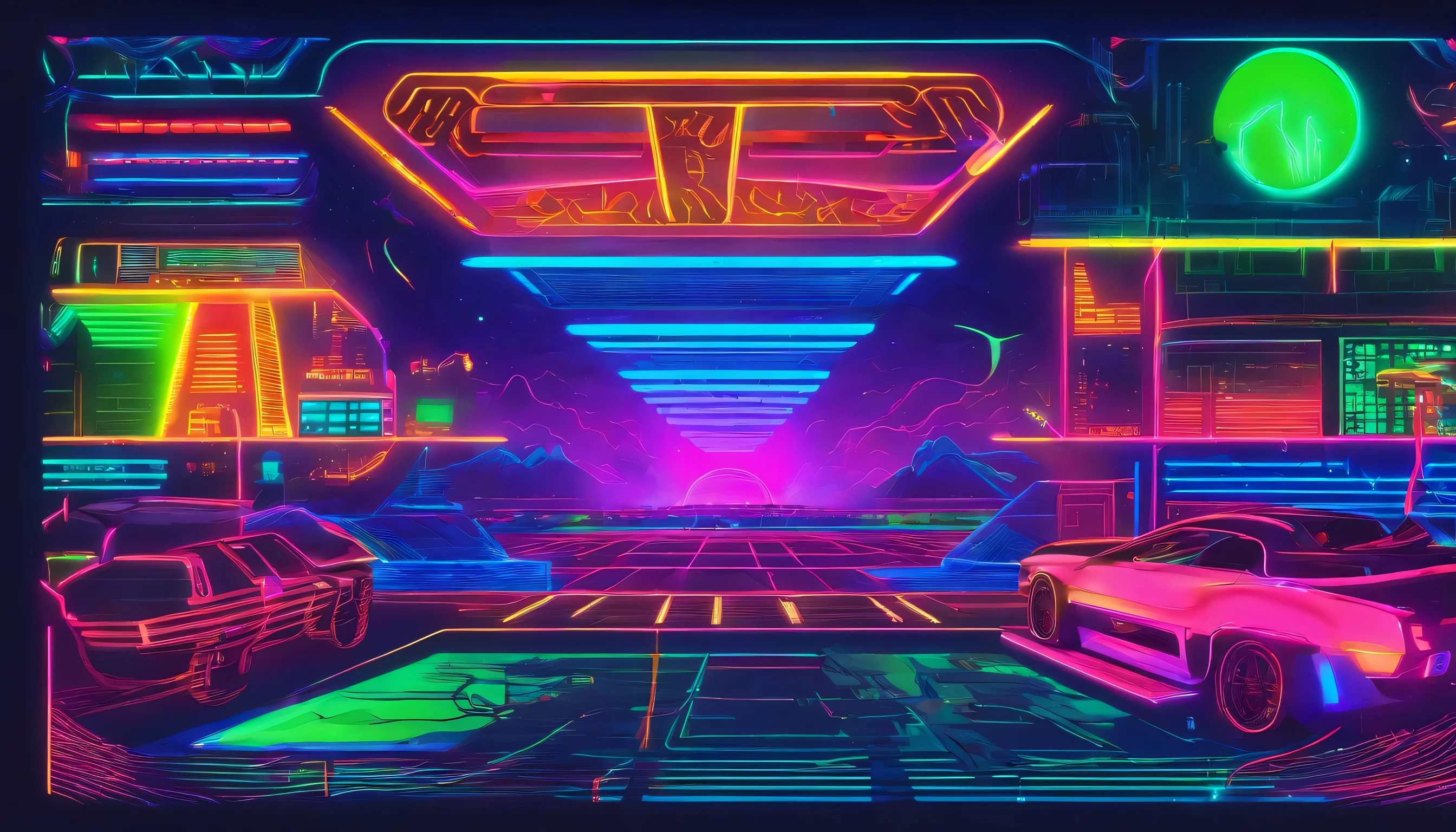 retro wave, estrada, selva, Dark blue and green neon lights, sol, montanha, night sky, futurista, (obra de arte, ultra detalhado, high resolution)