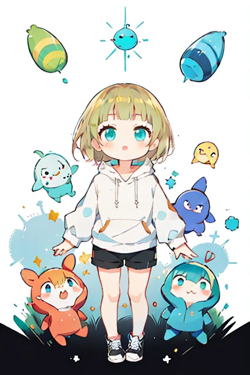 Blonde hair, short hair, turquoise eyes, plain white hoodie, black shorts, black sneakers,
Anime girl with stuffed Pikmin toys and other stuffedPikmin in arms, Splash art anime , , decora inspired illustrations, Best anime Konachan wallpapers, Detailed fanart, by Kamagurka, An anime cover, There is a cute Pikmin,look up.