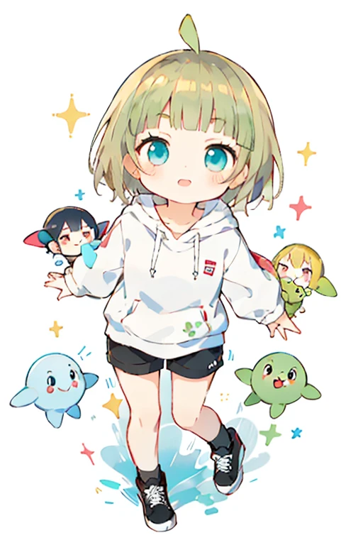 Blonde hair, short hair, turquoise eyes, plain white hoodie, black shorts, black sneakers,
Anime girl with stuffed Pikmin toys and other stuffedPikmin in arms, Splash art anime , , decora inspired illustrations, Best anime Konachan wallpapers, Detailed fanart, by Kamagurka, An anime cover, There is a cute Pikmin,look up.