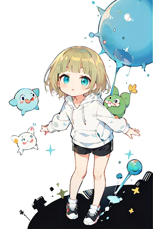 Blonde hair, short hair, turquoise eyes, plain white hoodie, black shorts, black sneakers,
Anime girl with stuffed Pikmin toys and other stuffedPikmin in arms, Splash art anime , , decora inspired illustrations, Best anime Konachan wallpapers, Detailed fanart, by Kamagurka, An anime cover, There is a cute Pikmin,look up.